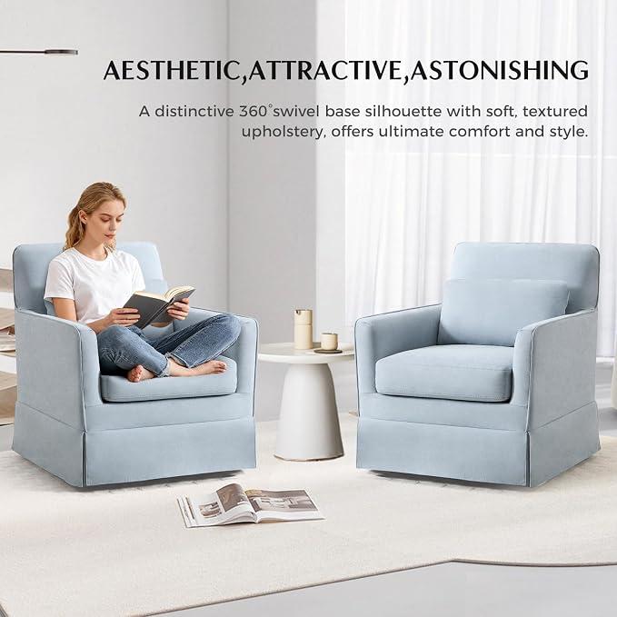 INZOY Swivel Accent Chair Set of 2, Mid Century Modern Chair, Comfy Swivel Barrel Reading Chair, Upholstered Square Chair for Living Room Bedroom Small Spaces, Sky Blue