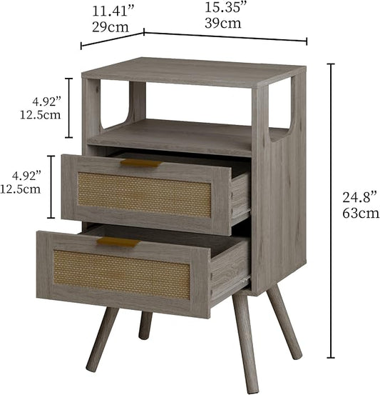 JOONEE Rattan Nightstand,Farmhouse Bedside Table with 2 Storage Drawer and Open Wood Shelf, for Bedroom and Small Spaces,Night Stand with Solid Wood Legs (Grey Oak)