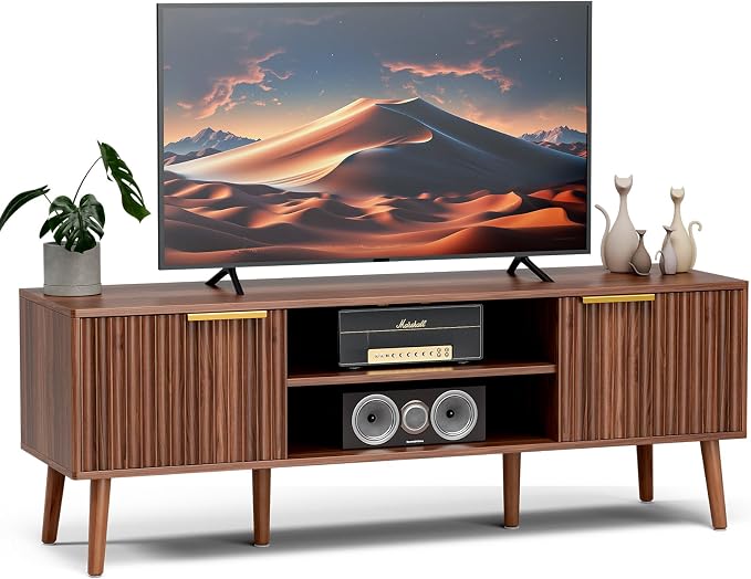 LCRBOL TV Stand with Fluted Doors for TVs up to 65", Mid-Century, Walnut | 54.3"W x 15.3"D x 19.6"H, 150 lbs capacity, 2 fluted door cabinets & 2 adjustable shelves, cable holes, 5 tapered legs