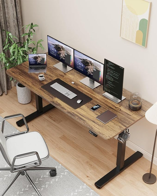 55" Electric Standing Desk Adjustable Height, Sit Stand up Desk for Home Office & Computer Workstation, 2 Memory Height Settings, Splice Board, 2 Hooks, Black Frame/Rustic Brown Top