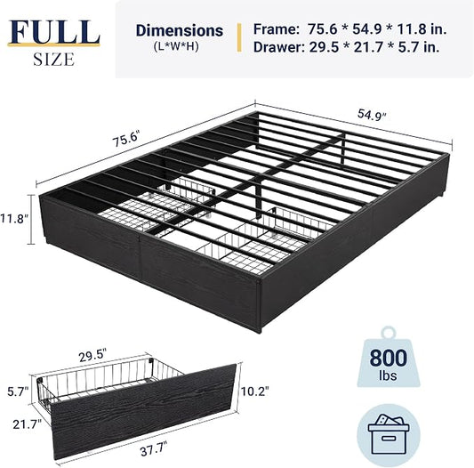 Allewie Full Size Metal Bed Frame with 2 Storage Drawers, Heavy-Duty Steel Frame with MDF Wood Panels, Flexible Drawer Placement, Easy Assembly, Noise-Free Support, Black