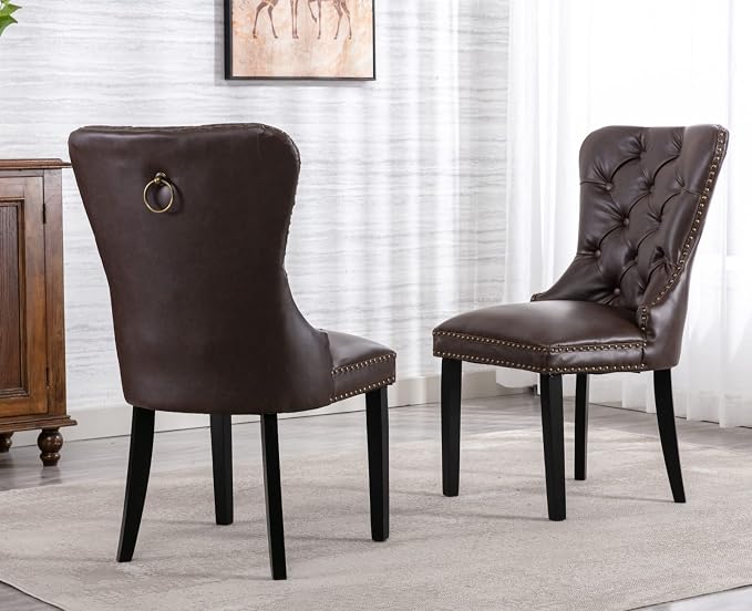 EALSON Modern Dining Chairs Set of 8 Mid Century Leather Dining Room Chairs with Wood Legs Tufted Upholstered Kitchen Side Chairs with Nail Head Trim for Dining Room/Living Room, Coffee with Ring