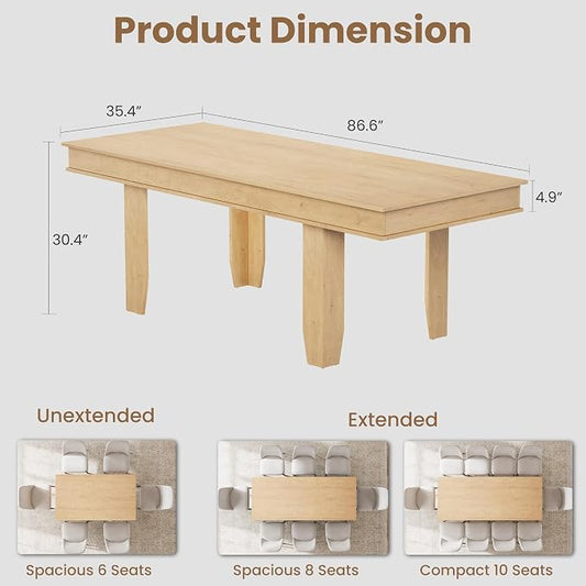 GarveeHome 63 in-86.6 in Extendable Dining Room Table for 6-10, Farmhouse Kitchen Tables w/Wooden Sturdy Frame, Large Rectangular Dinner Table for Dining Room, Kitchen