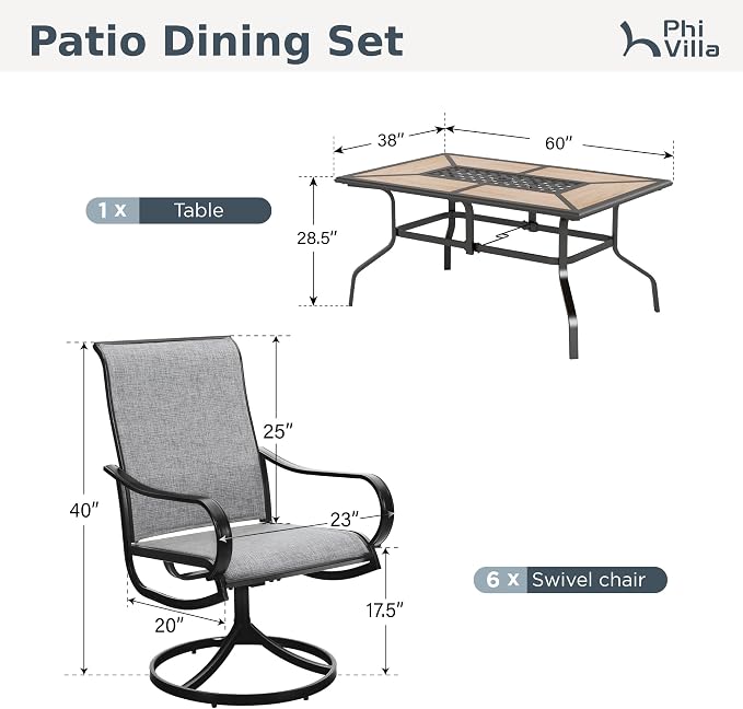 PHI VILLA 7 Piece Patio Dining Set, 6 Swivel Patio Chairs with Textilene Mesh Fabric & Rectangular Wooden-Like Dining Table(1.6" Umbrella Hole), All Weather Patio Chairs and Table Set for Deck (Grey)