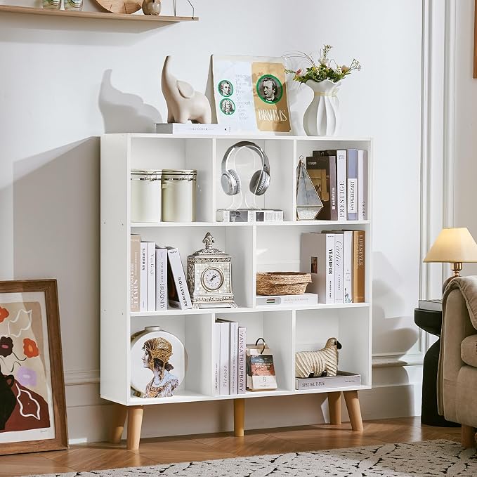 LEYAOYAO 8 Cube Bookshelf,3 Tier Bookcase with Legs,White Mid-Century Modern Bookshelves,Large Open Storage Organizer Shelf, Wooden Book Case
