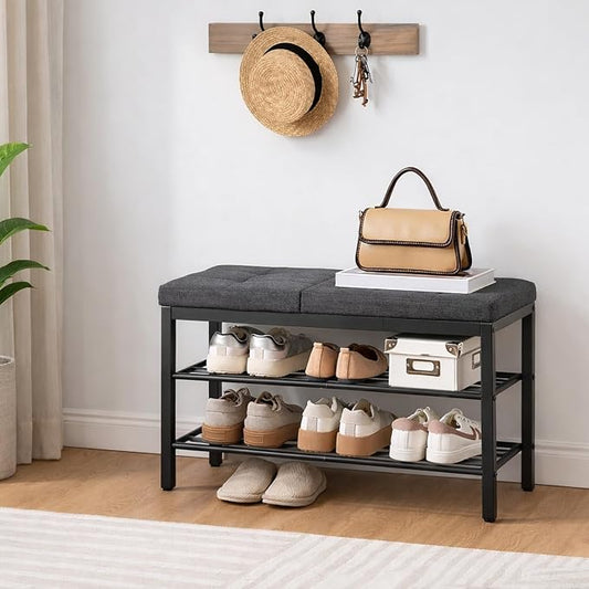 HOOBRO Shoe Bench, Storage Bench with Cushion, Entryway Bench Shoe Shelf with Seat, 12 x 29.5 x 18.1 Inches, Shoe Rack for Living Room, Bedroom, Hallway, Dark Gray BGZ95HX01