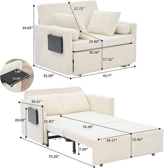 45" Oversize 3-in-1 Sleeper Chair Pull Out Bed, 75" Long Single Sleeper Sofa Bed with Wing Table and Side Pocket for Living Room, Bedroom, Small Space, Beige