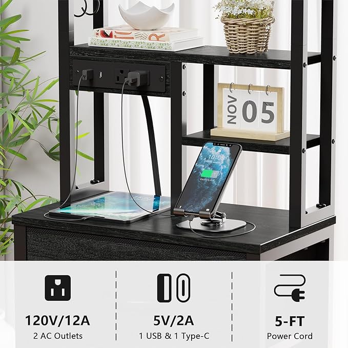 Furnulem Nightstands Set of 2, Tall Night Stand with Charger Station and USB Ports, 3 Fabric Drawers and Led Lights, Bed Side Table for Bedroom/Dorm/Office, Black Oak
