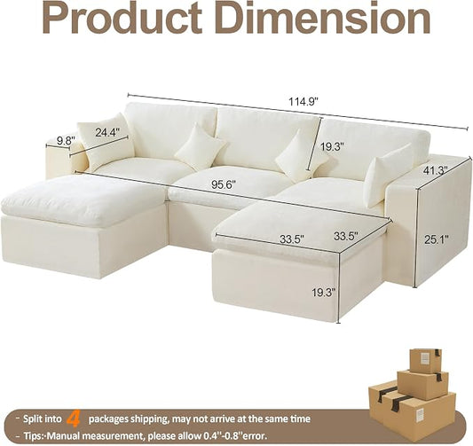 115'' Cloud Boneless Sectional Couch, Modular Sectional Sofa Deep Seat with 2 Ottomans, Oversized Upholstered Convertible Comfy 5 Seater Chenille Sofa U Shape Couches for Living Room, Beige