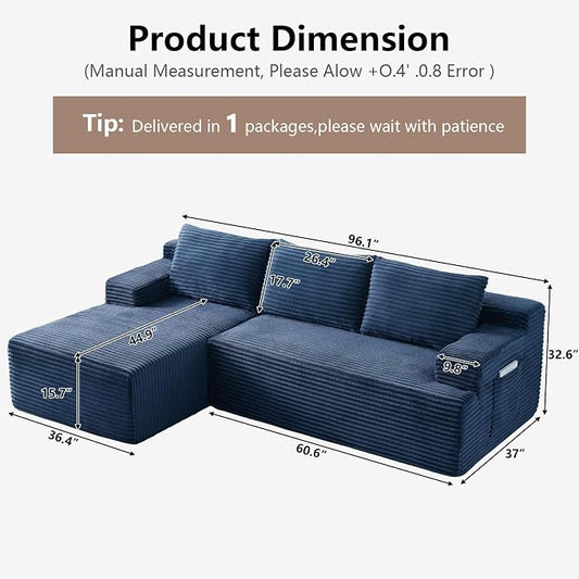 96" Cloud Sectional Couch with L-Shape Chaise, Modular Comfy Sofa Chaise Longue, Upholstered Corduroy Couches Sleeper with Deep Seat for Living Room Bedroom, No Assembly Required(Blue, Left Facing)
