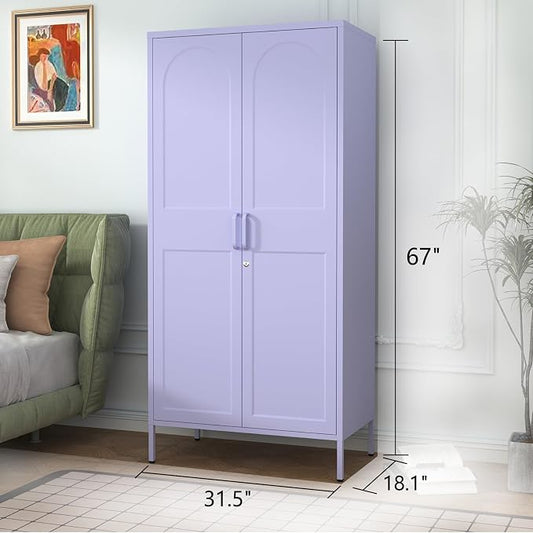 67 Inch Lockable Lavender Purple Metal Storage Wardrobe, French Retro Arched Door Steel Closet with Hanging Rod & Adjustable Shelves for Bedroom Office Size:67" H x 31.5" W x 18.1" D