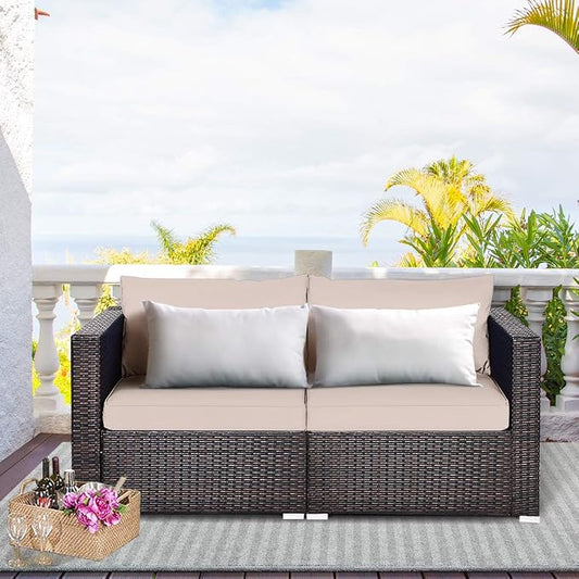 Tangkula Wicker Loveseat 2 Piece, Patio Furniture Couch with Removable Cushions, Rattan Loveseat Sofa for Balcony, Deck, Garden and Poolside