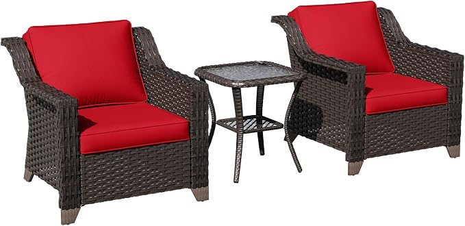 3 Pieces Patio Conversation Furniture Set - 2 Armchairs, 1 Side Table, Outdoor Wicker Furniture with Removable Cushions for Porch, Balcony, Deck, Sunroom (Red)
