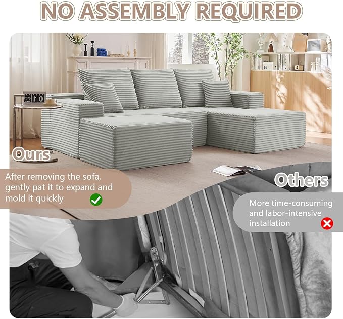 107" Comfy U-Shaped Sectional Modern Boneless Corduroy Couch with Chaise - No Assembly Required! Deep-Seat, Upholstered Modular Cloud Sofa for Living Room, Plush Corduroy Fabric Grey