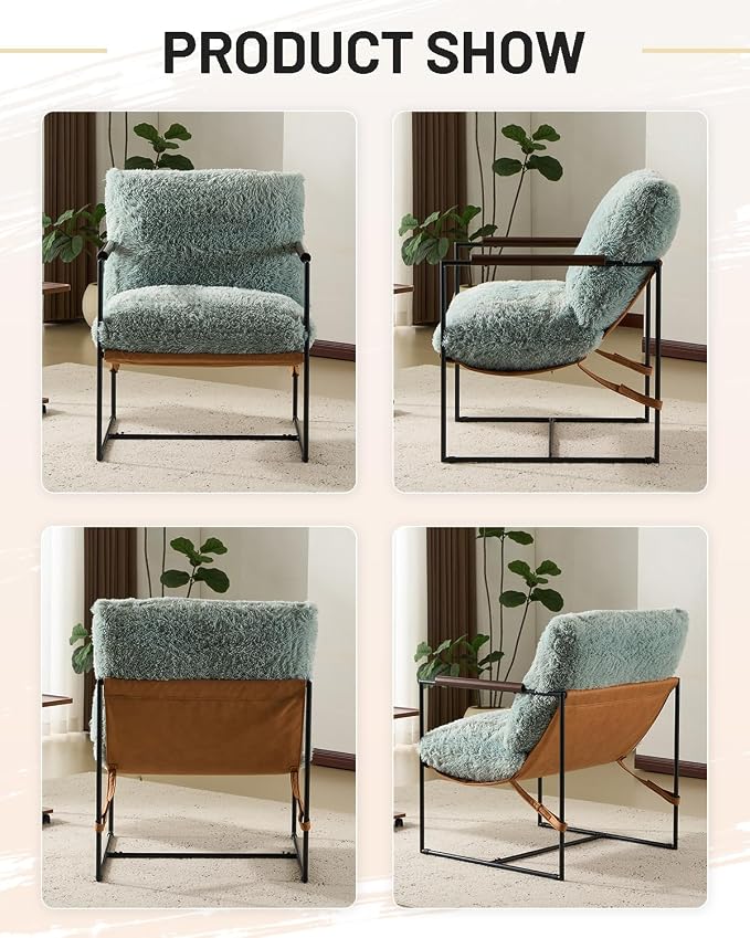 Karl home Modern Metal Frame Accent Chair, Teal | Plush Fleece Upholstered, Wood Padded Armrest, 28" Seat Width, Comfy Lounge Armchair for Living Room, Bedroom, Apartment