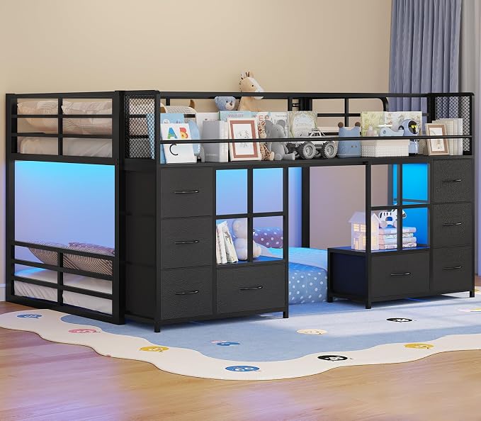 BTHFST Low Bunk Bed Twin Over Twin with 8 Fabric Drawers & Bookshelf, Twin Bunk Beds with RGB LED Lights, Windows, Metal Bunk Beds for Kids with Slanted Ladder & Safety Guardrails, Space Saving, Black