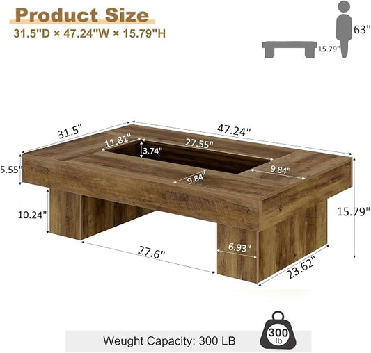 LVB Coffee Table, Modern Wood Led Living Room Table with Storage, Farmhouse Large Rectangle Center Table with LED Light, Unique Wide Low Tea Table for Living Room Home Office, 47.24 in, Rustic Oak