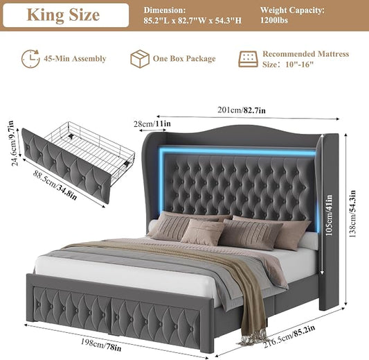 King Bed Frame 55" Tall Headboard with LED Lights, Buttons Tufted Velvet Upholstered Platform Bed Frame with 2 Storage Drawers, Wood Slats Support Mattress Foundation, No Box Spring Needed, Grey