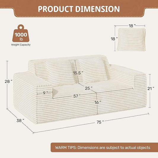 Luxanimarion 75'' Modern Loveseat Sofa, No Assembly Required Comfy Deep Seat Couches 1 pcs for Living Room, Bedroom, Apartment