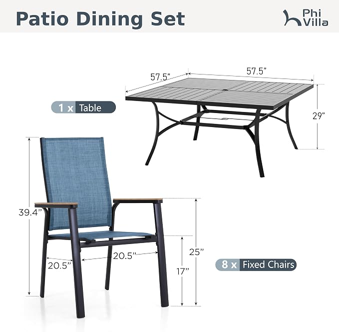 PHI VILLA 9 PCS Patio Dining Set, Aluminum Outdoor Furniture, Patio Table and Chairs for 8, Lightweight Stackable Chairs with Breathable Fabric and Large Square Metal Table for Garden Yard Deck, Blue