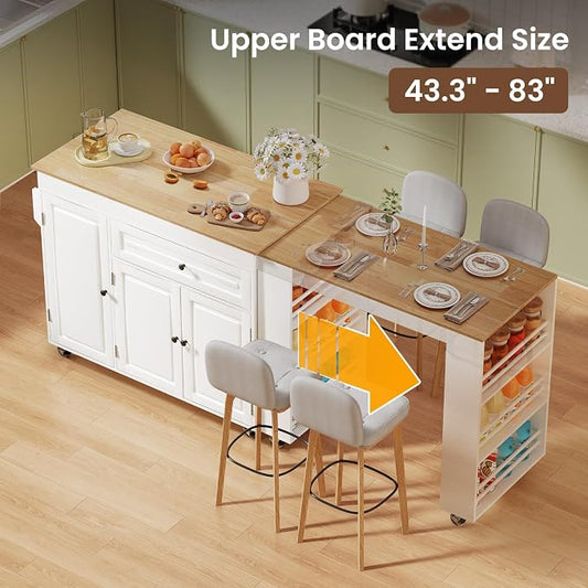 Expandable Kitchen Island with Storage Drawer and Wheels, White | Rubberwood top expands 48.4"-82.6". Spacious drawer, 2 cabinets, 2 shelves, spice rack & towel bar. Lockable casters.