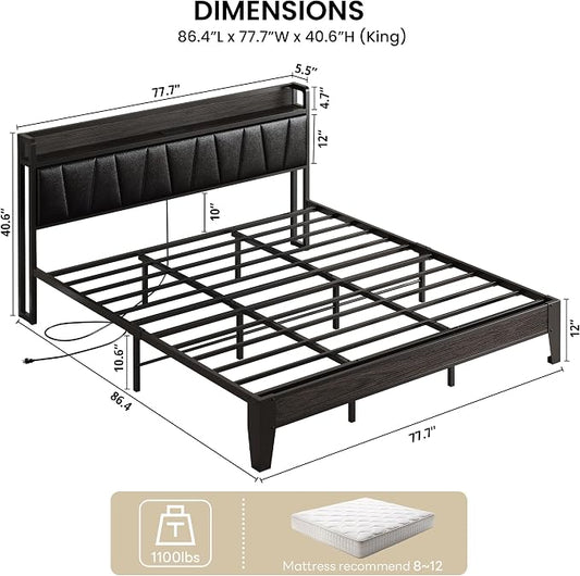 LIKIMIO King Bed Frame, PU Leather Storage Headboard with Charging Station, Solid and Stable, Noise Free, No Box Spring Needed, Easy Assembly, Black