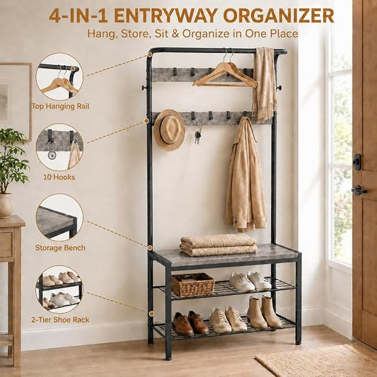 Simple Deluxe 4-in-1 Entryway Coat Rack, Hall Tree with Bench and Shoe Storage, Mudroom Bench with Storage and 10 Hooks Hall Tree Organizer for Entryway, Bedroom, Grey