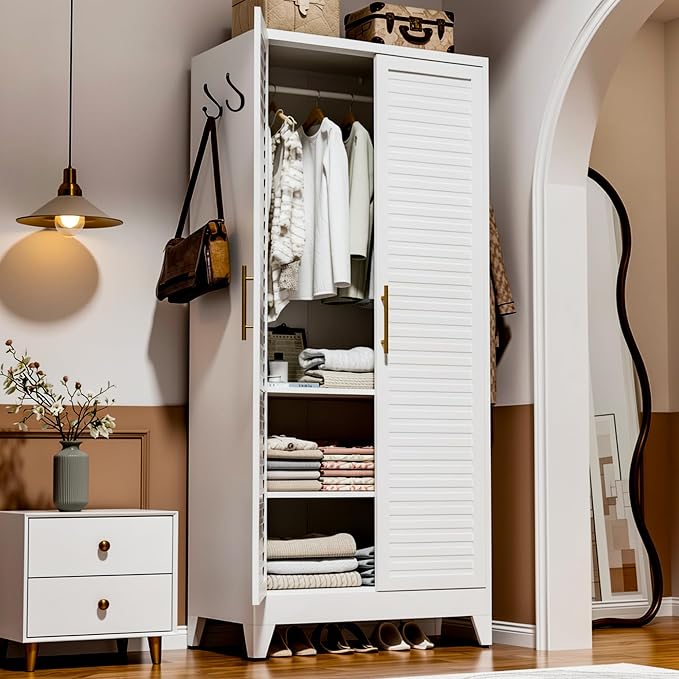 Metal Armoire Wardrobe Closet, 71" Clothing Storage Cabinets with Adjustable Hanging Rod, Louvered Doors, 2 Side Hooks & 2 Adjustable Shelves - Closet Cabinet for Bedroom, Laundry Room, Cloak Room