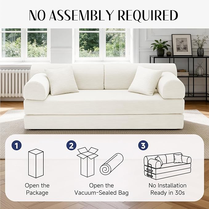 79'' Convertible Sofa Bed, 6 in 1 Folding Floor Futon Couch Sleeper with Fixed Frame, Corduroy Modular Sofa Bed with Removable Armrests & Pillows, No Assembly for Living Room Bedroom (Beige White)