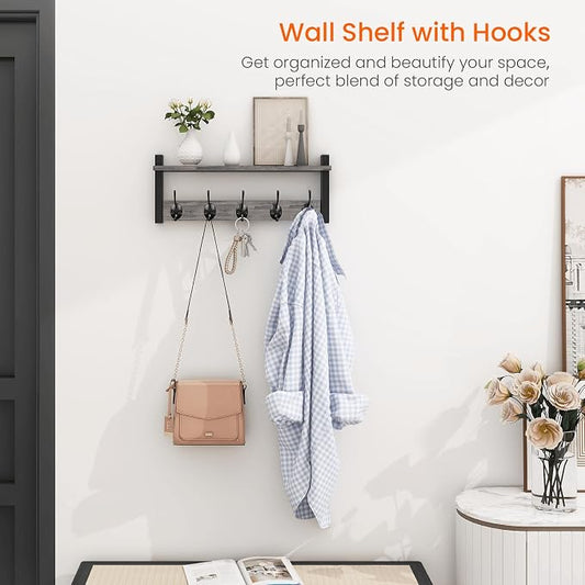 Homode Wall Hooks with Shelf, Coat Rack Wall Mount, Entryway Shelf with Hooks for Clothes, Backpack, Key, Purse - Rustic Grey