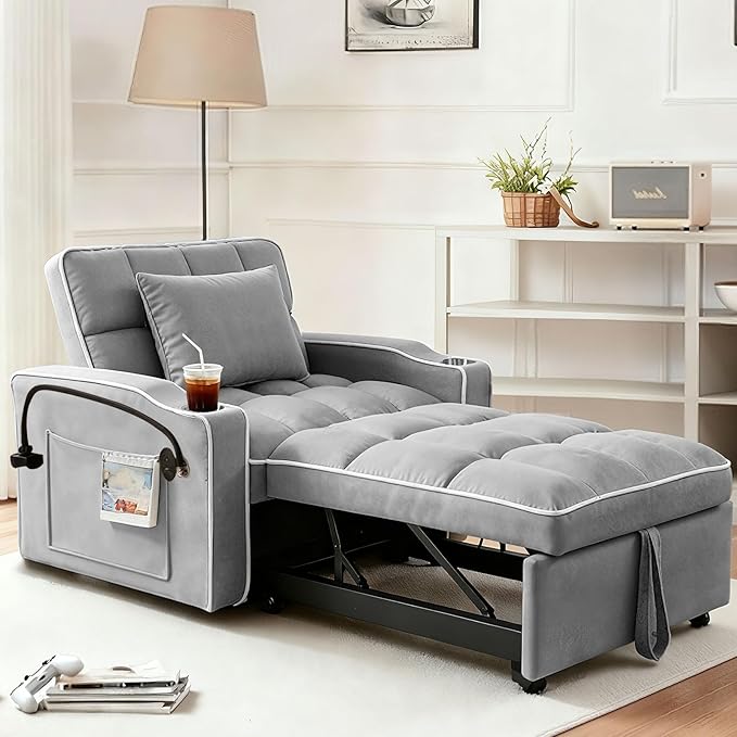 4 in 1 Sleeper Chair, Velvet Pull Out Chair Sleeper with Bracket and Cup Holder, Chairs Bed Sleepers with USB Port for Adults, Sofa Bed Chairs for Small Spaces, Living Room, Gray