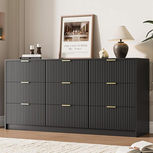 MAISONARIA 3-Piece Dresser Bedroom Set, 9 Drawer Dresser & 3 Drawer Dresser with Gold Handles, Fluted Wood Chest of Drawers for Bedroom, Living Room, Entryway, Black