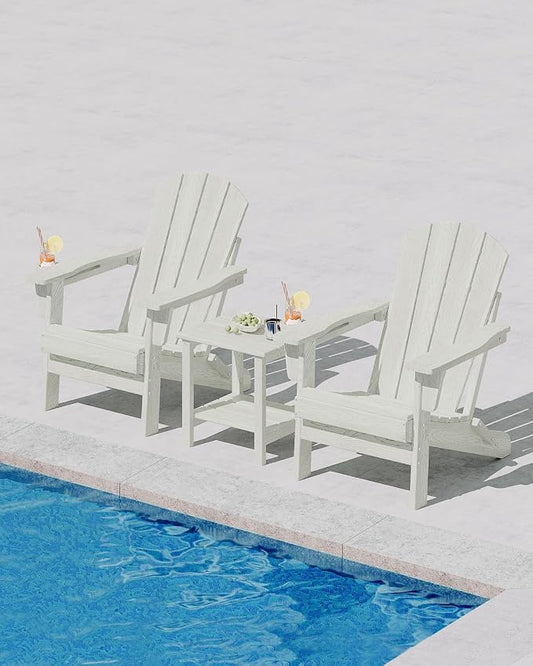 GarveeLife Folding Adirondack Chair, All-Weather HDPE Outdoor Chair, Wooden Textured with Cup Holder for patios, Decks, Gardens, fire pits, White