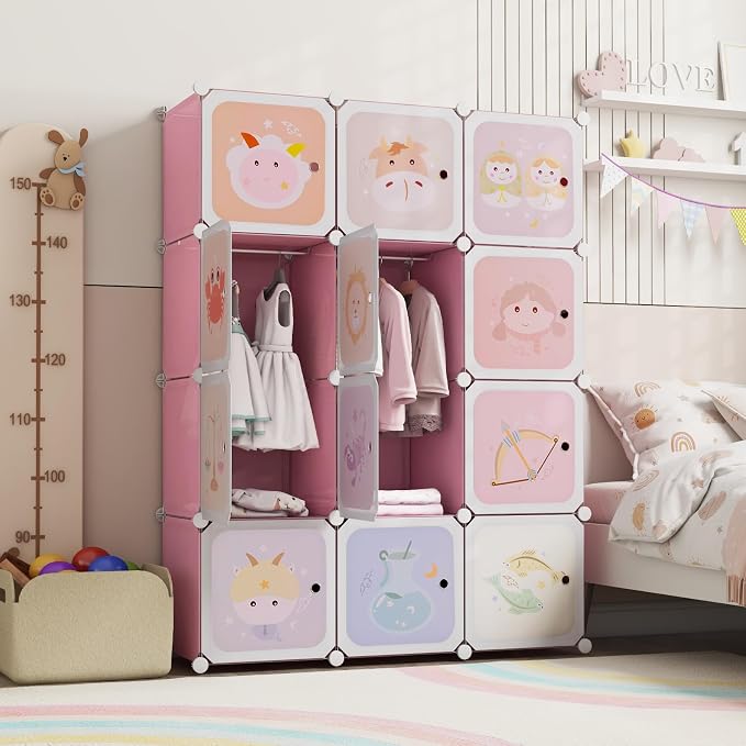 HONEY JOY Kids Wardrobe Closet, Baby Cartoon Clothes Storage Organizer, 12 Cubes & 2 Hanging Sections, Portable Children DIY Modular Bedroom Armoire Dresser Cabinet for Boys Girls (Light Pink)