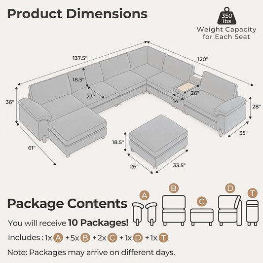 SITJOY Large Cloud Couch, 138" Wide 8 Seat V Shaped with Console, Navy Blue | Detachable and Washable Chenille Cover Sectional Sofas for Living Room, Deep Seat Wide Couch with Chaise, Storage Ottoman