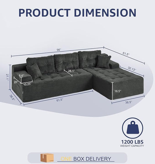 Hobestluk Modular Sectional Sofa Couches L-Shape Couch 3 Seat Modular Sofa Memory Foam Sectional Couches for Living Room, Cloud Couch with Oversized Chaise (Charcoal Corduroy, 96", Right Hand Facing)