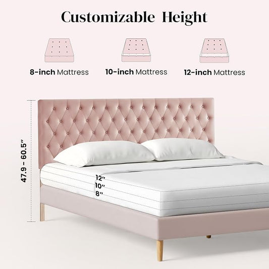 Upholstered Queen Headboard Only, Premium Velvet Button Tufted Headboards, Adjustable Solid Wood Head Board, Padded Headboard with Solid Wood Legs in Bedroom (Pink)