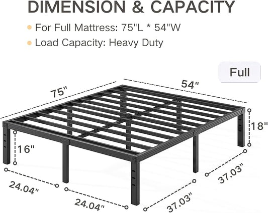 Full Size Bed Frame 18" Tall Heavy Duty Metal Platform Bed Frame,Sturdy Steel Frame,No Box Spring Needed,Noise-Free,Easy Assembly