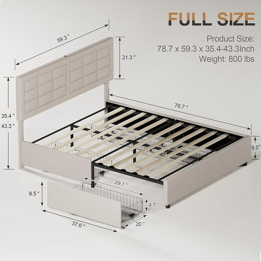 VECELO Full Size Bed Frame with 4 Drawers, Adjustable Tufted Button Headboard, Upholstered Platform with Wood Slats Support, Built-in USB and Type C Ports, Beige