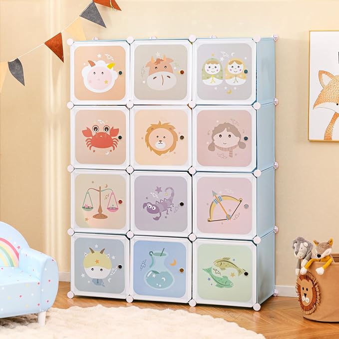 INFANS Children Wardrobe, Kid Closet Portable Baby Dresser Cute for Kids Bedroom Nursery Armoire with Doors 12 Cube 2 Hanging Sections, Kid Clothes Storage Organizer (Pink, 12 Cubes)