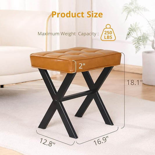 LUE BONA Vanity Stool, Faux Leather X-Leg Foot Stool, Small Ottoman Makeup Stool Chair for Vanity, Modern Padded Foot Rest Vanity Seat for Makeup Room, Bathroom, Whiskey Brown