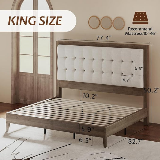 Jocisland Solid Wood King Size Bed Frame 50.2" Tall Upholstered Headboard, Mid-Century Style, Stable Platform Support, No Box Spring Needed, Ash Gray