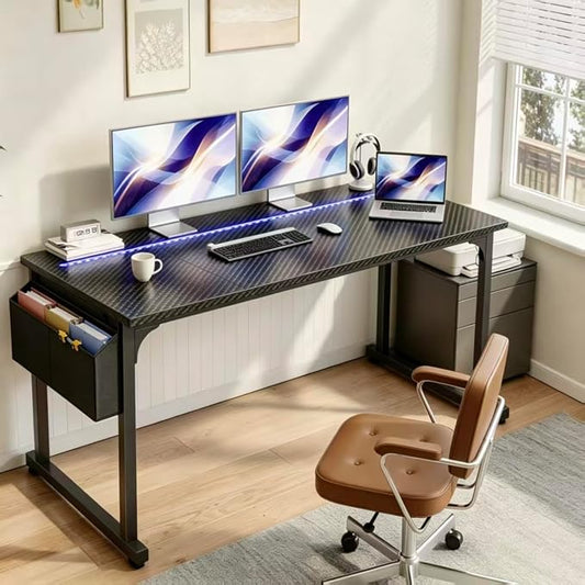 DurayLoly 63" Gaming Desk with LED Lights,Computer Desk with Storage Bag for Home Office, Long Desk with Headphone Hook for Study Writing Work Wood Desk,Sturdy Metal Frame,Bedroom,Black