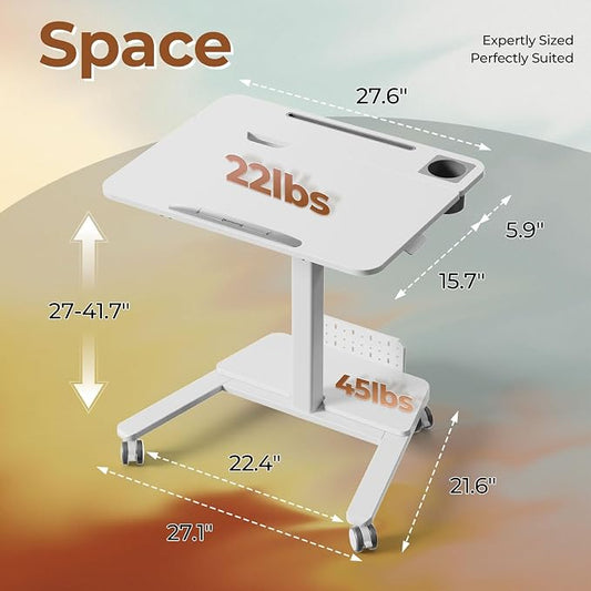 28" Mobile Standing Desk, Height Adjustable Rolling Laptop Cart with 60° Tiltable Top & Storage Shelf, Stand up Desk on Wheels, Portable Workstation for Home Office, White