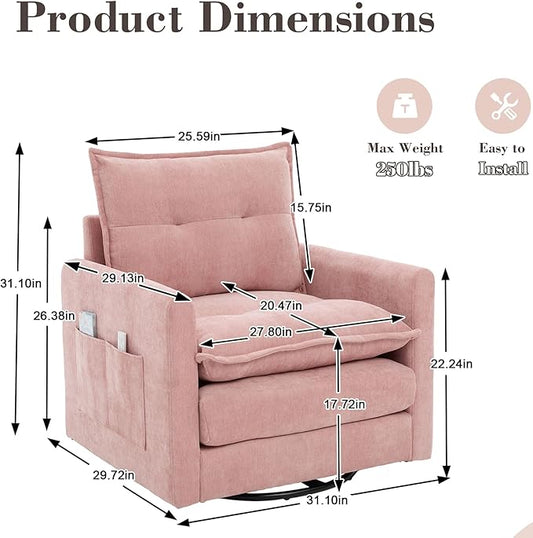 Swivel Accent Chair, Modern Swivel Barrel Chair for Living Room, 360 Degree Comfy Square Accent Barrel Chair, Upholstered Sofa Armchair for Bedroom,Reading, Chenille, Pink