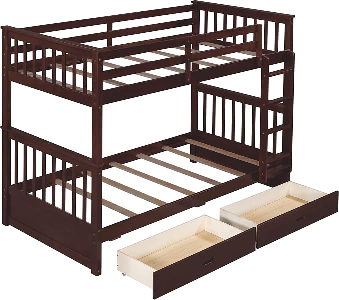 Merax Wood Bunk Bed with Drawers,Convertible Wood Bunk Bed with Ladders and Two Storage Drawers,Solid Wood Detachable Bed Frame with Ladders,Twin Over Twin Size,Espresso