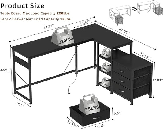 YOSHOOT 55" L Shaped Computer Desk with 3 Fabric Drawers, Gaming Desk | Office Desk with Power Outlets & Open Shelves, Corner Desk L Shape for Home Office Work Study, Black
