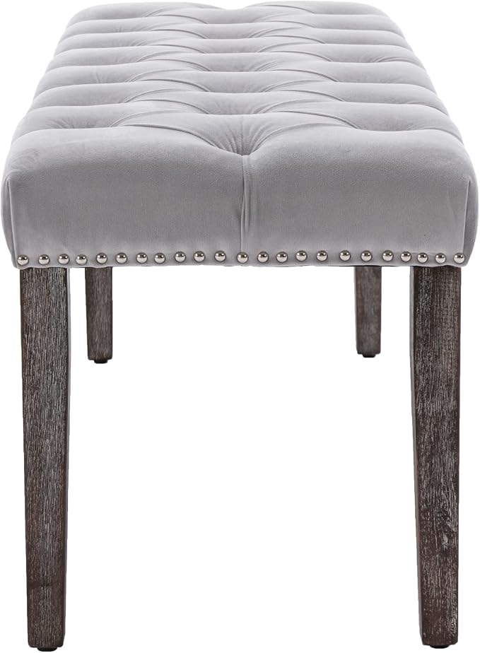 KCC Button-Tufted Ottoman Bench, Upholstered Bedroom Benches Velvet Footrest Stool Accent Bench for Entryway Dining Room Living Room Bedroom End of Bed, Gray