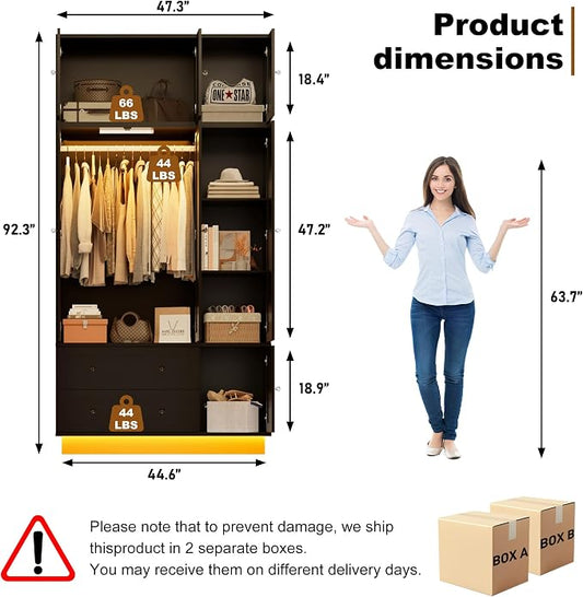 92.2" Tall Armoire Wardrobe Closet with Mirror & Motion Sensor Light, Large Storage Cabinet with 2 Drawers, Hanging Rod & Adjustable LED Strip, Anti-Tipping Wood Bedroom Furniture, 47.4"L, Black