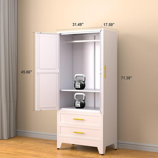 Metal Armoire Wardrobe Closet Storage Cabinet with Hanging Rod,71'' Metal Wardrobe Cabinet with 2 Drawers and Adjustable Shelf,2 Drawers for Bedroom, Laundry Room, Cloak Room